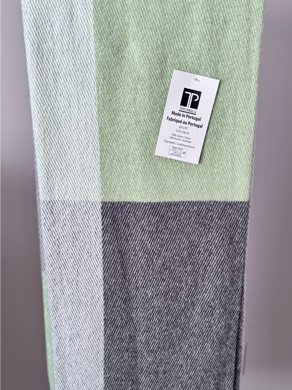 Vintage Portugal Blanket Scarf in Mint, Light Gray & Charcoal